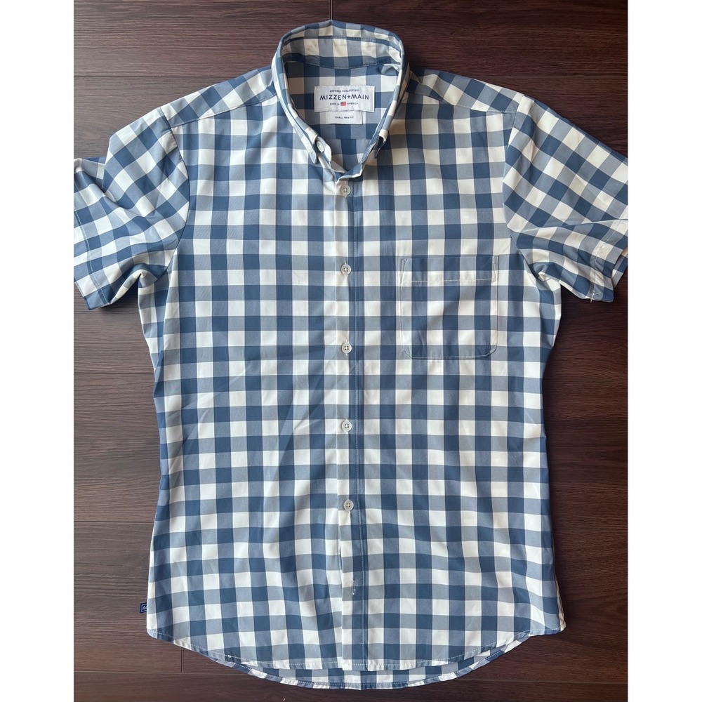 Mizzen+Main Leeward Small Trim Fit Gingham Short Sleeve Button Down Shirt Blue
